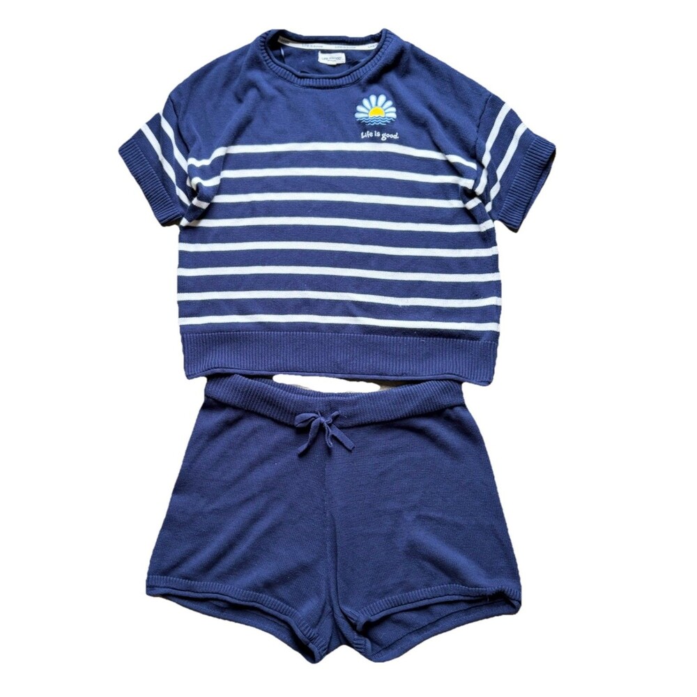 Life is Good Navy Striped Knit Lounge Set –2pc Short Sleeve Top & Shorts Size XL